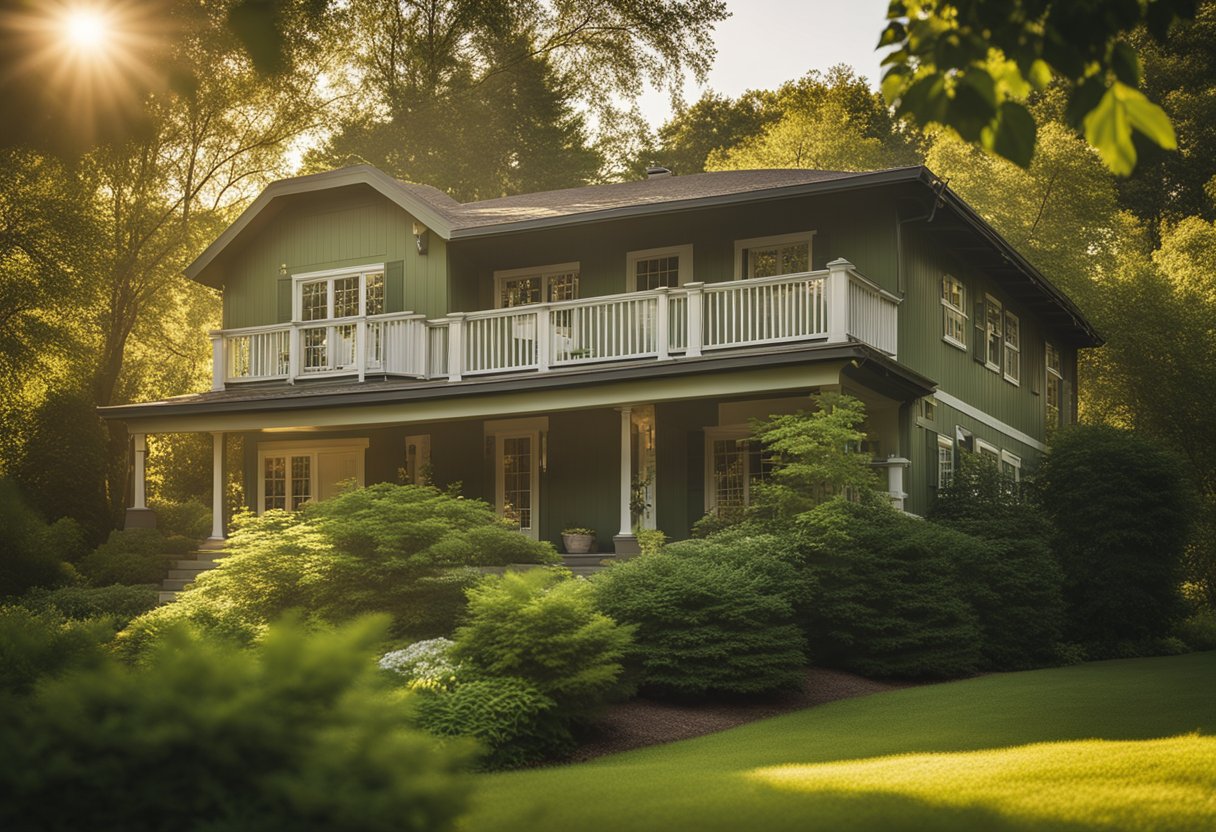 A two-story 2000 sq ft home sits against a backdrop of green trees. The sun casts a warm glow on the exterior, highlighting the need for a fresh coat of paint
