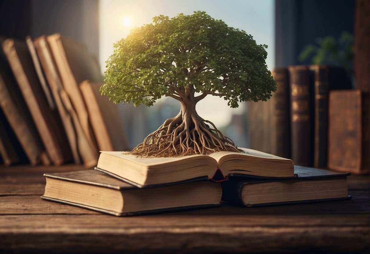 A tree growing strong roots, reaching towards the sky, surrounded by books and a compass, symbolizing growth and direction in self-improvement