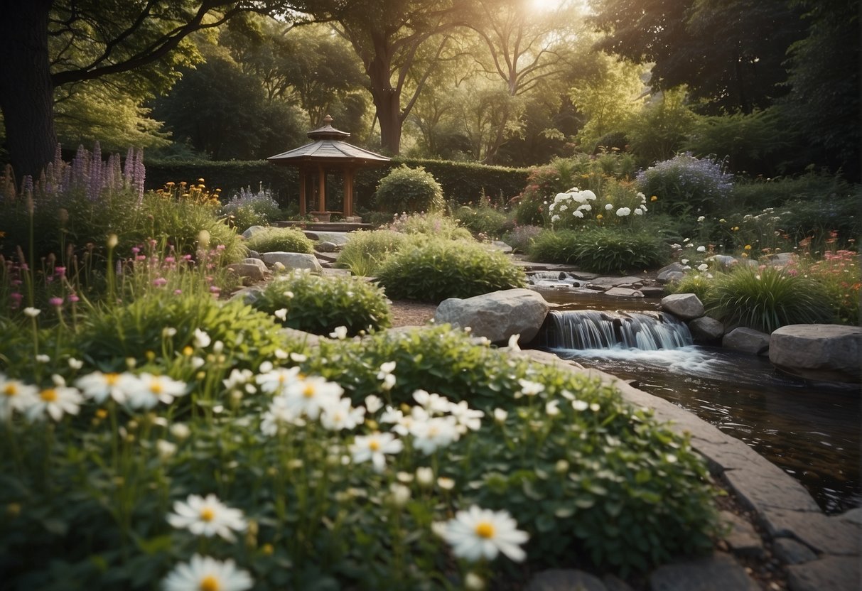 A serene garden with blooming flowers, a flowing stream, and a peaceful meditation area