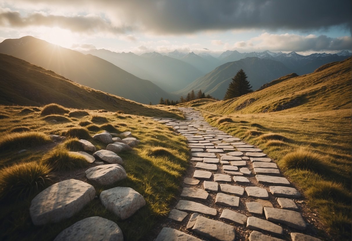 A winding path leading to a mountain peak, with stepping stones labeled "goal setting," "self-reflection," and "learning." Sunlight breaks through the clouds, symbolizing personal growth