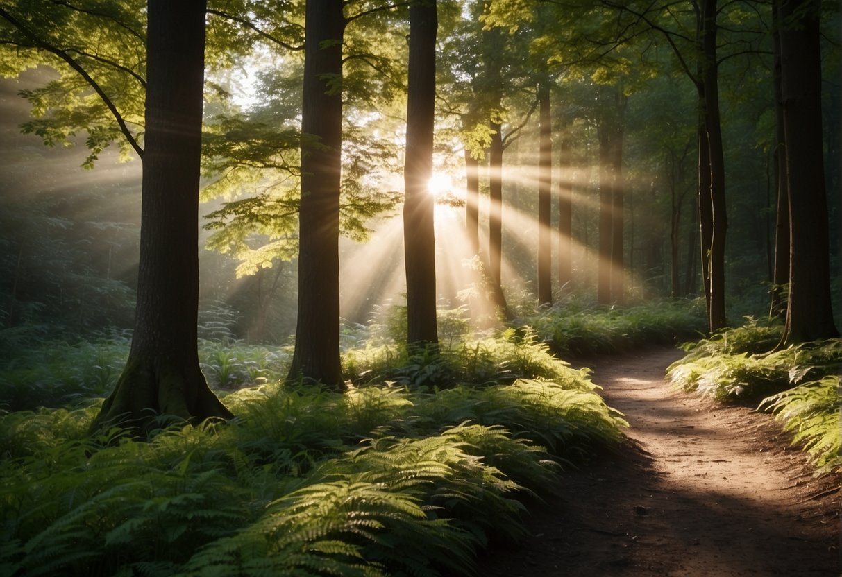 A winding path leads through a serene forest, with rays of sunlight breaking through the trees. A small stream trickles alongside the path, symbolizing the continuous flow of self-improvement