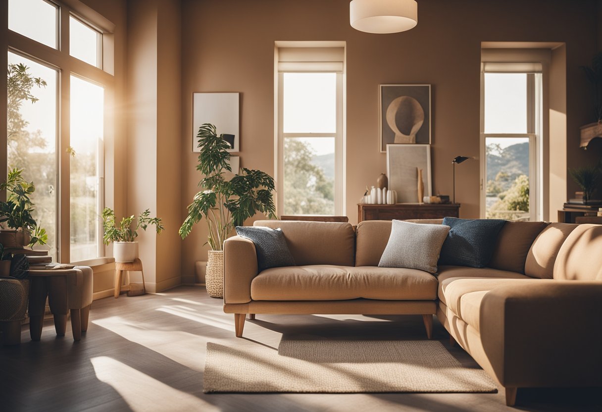 A cozy living room with freshly painted walls in a warm, inviting color. Sunlight streams in through the windows, highlighting the smooth, flawless finish of the paint. A sense of freshness and renewal fills the air
