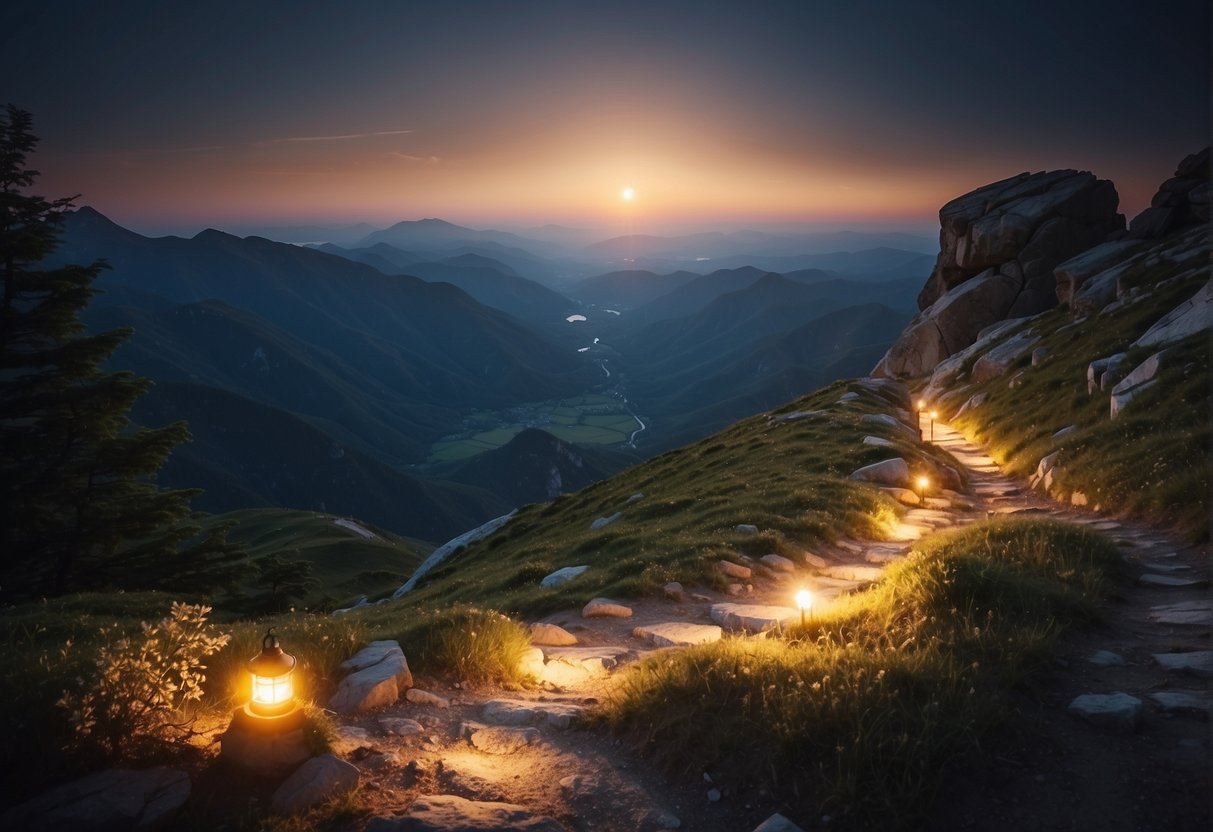 A winding path leads to a summit with a glowing beacon, symbolizing self-improvement and personal growth