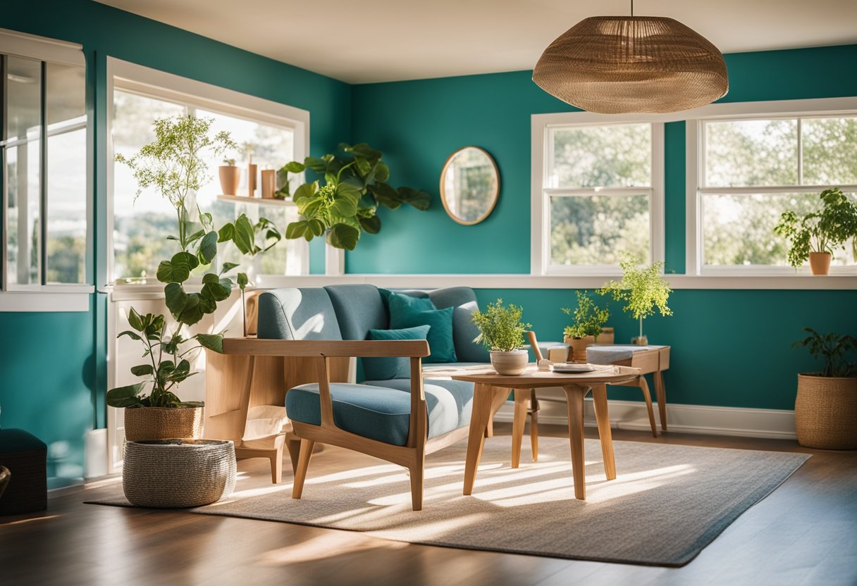 A freshly painted home with vibrant colors, clean lines, and a sense of renewal. Bright sunlight streaming through the windows, casting warm, inviting shadows