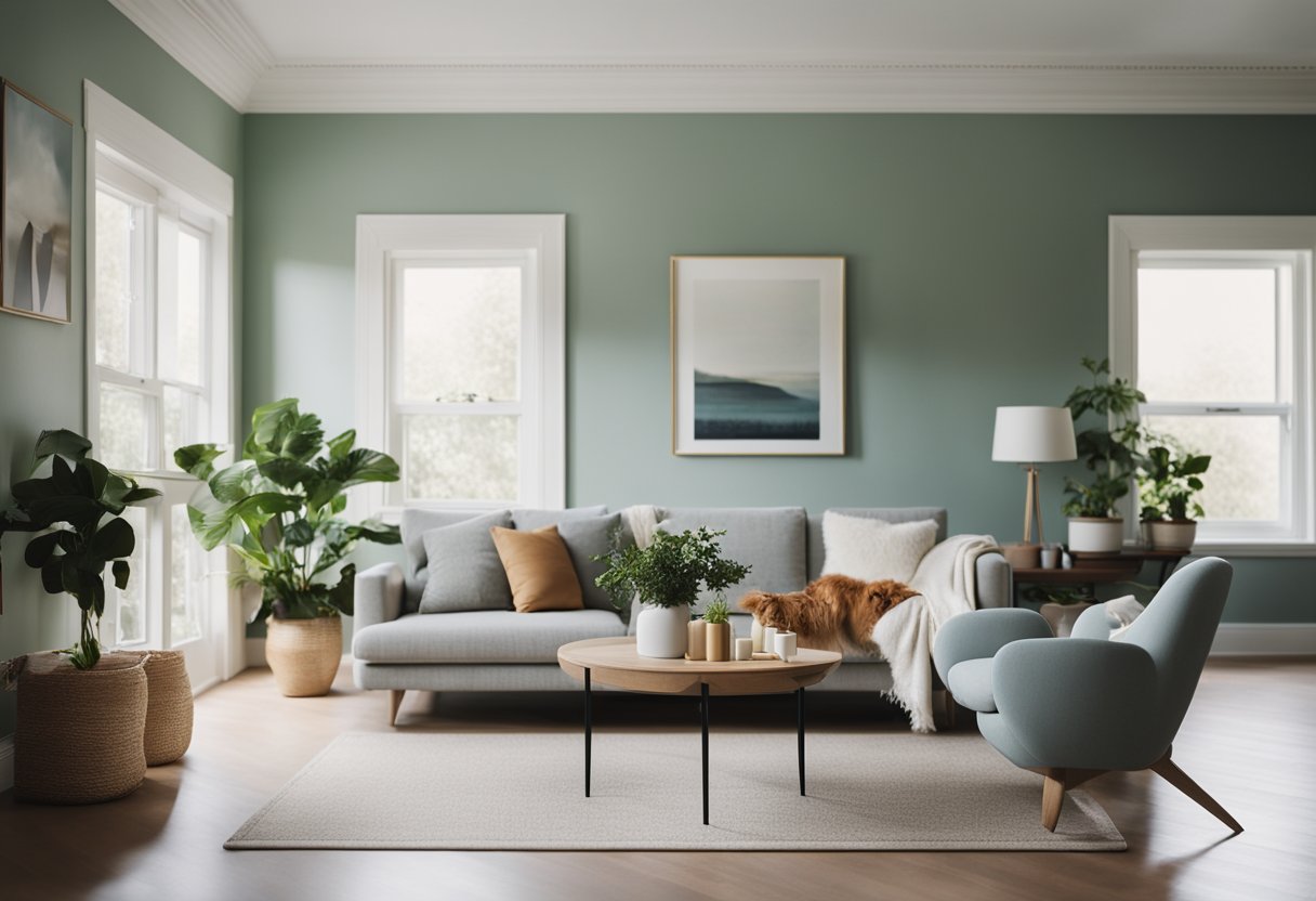 A serene home interior with freshly painted walls in various calming colors, creating a peaceful and uplifting atmosphere