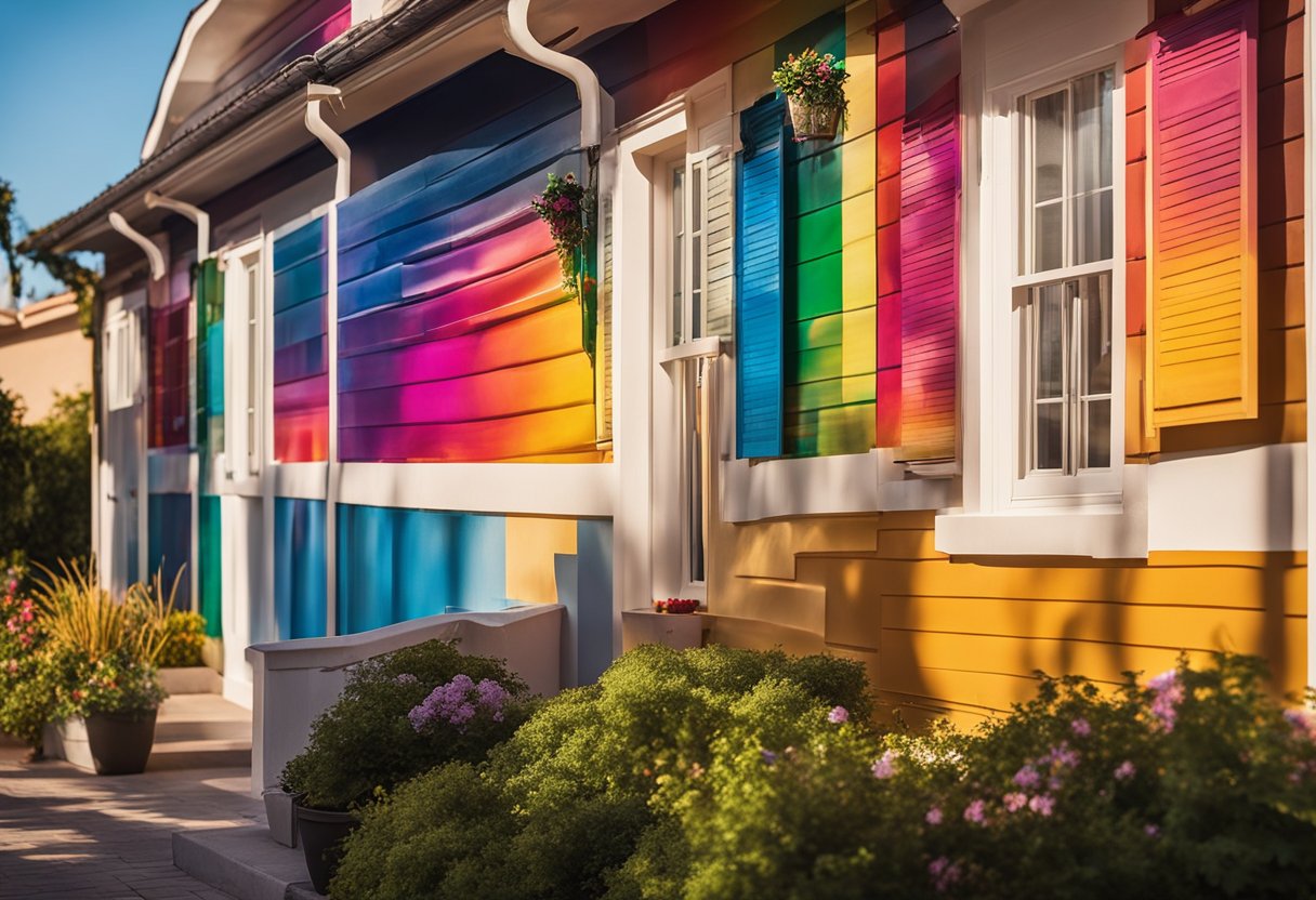 A paintbrush strokes vibrant colors onto a house exterior, showcasing the top ten benefits of painting in 2024. The sun shines down, highlighting the fresh, new look of the home