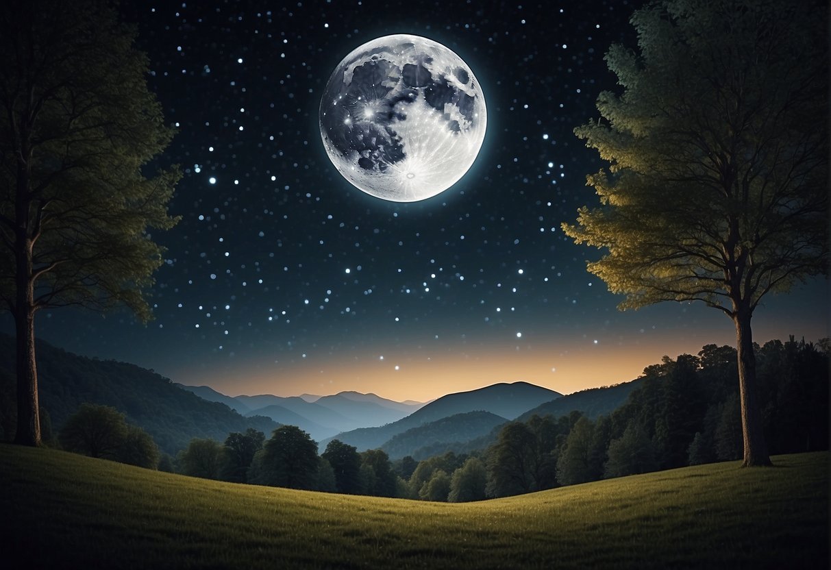 A glowing moon illuminates a serene landscape, with stars twinkling in the night sky. A gentle breeze rustles through the trees, carrying the essence of spiritual good night quotes