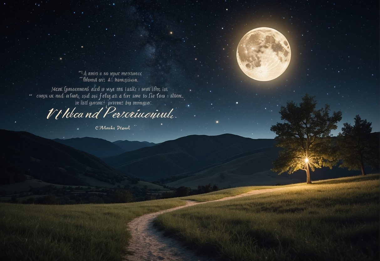A serene night scene with a glowing moon, twinkling stars, and a peaceful landscape. A quote about spirituality and positivity is written in elegant script