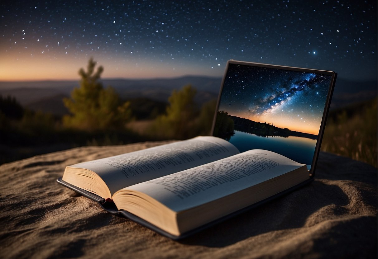 A serene night sky with glowing stars and a tranquil landscape, with a book open to quotes from literary and religious figures, radiating a sense of spiritual positivity