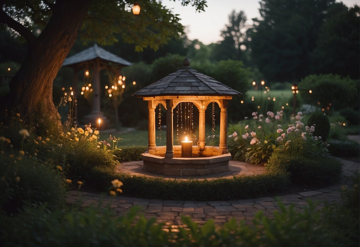 A serene garden at dusk, with a glowing wishing well surrounded by twinkling fireflies. A sense of peace and tranquility fills the air, evoking a feeling of spiritual positivity and calm before bedtime