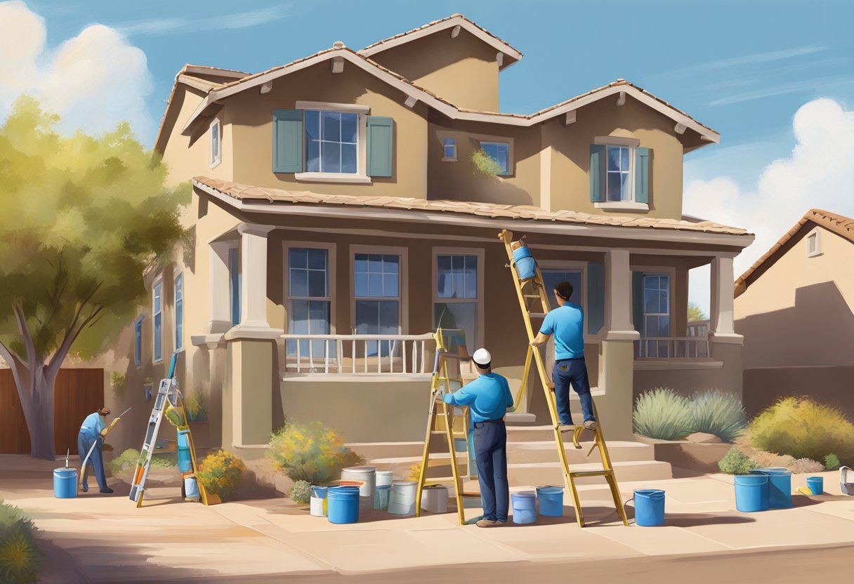 A sunny day with a professional painter applying fresh coats of paint to a house in San Tan Valley, AZ. Ladders, paint cans, and brushes are scattered around the exterior