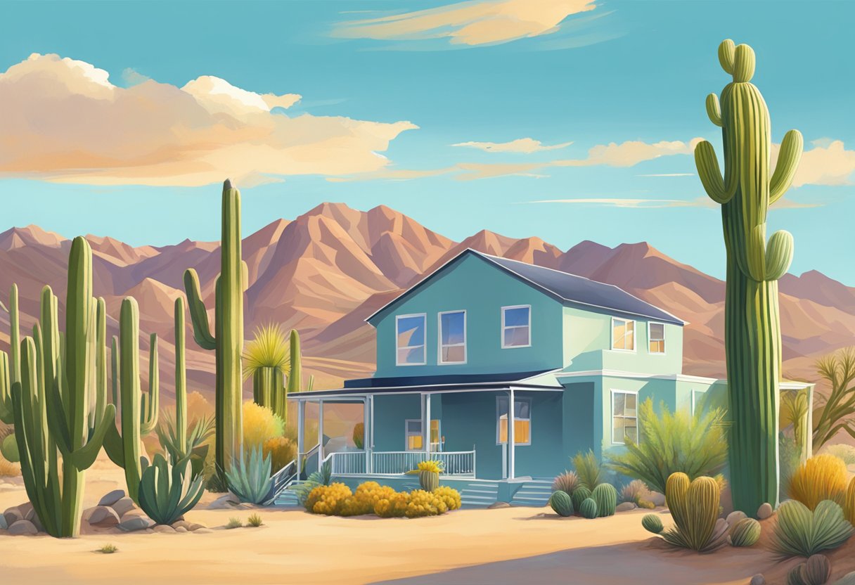 A sunny day in Queen Valley, AZ. A house being painted with a backdrop of desert mountains and cacti
