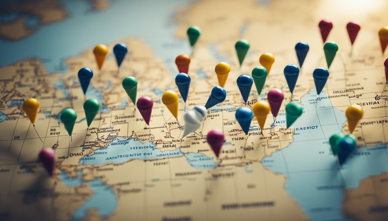 A world map with colorful push pins marking potential travel destinations