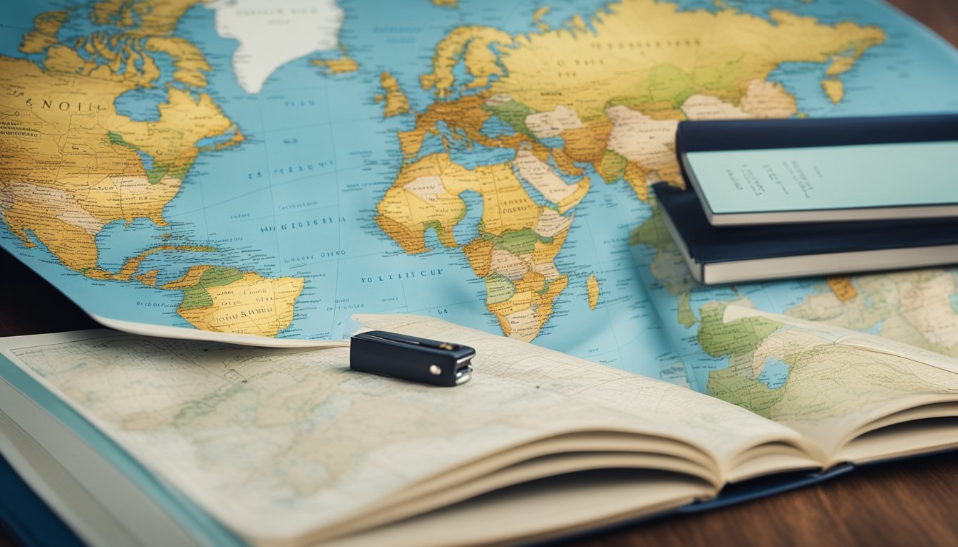 A world map with destination options pinned, surrounded by travel guides and a notebook for jotting down preferences