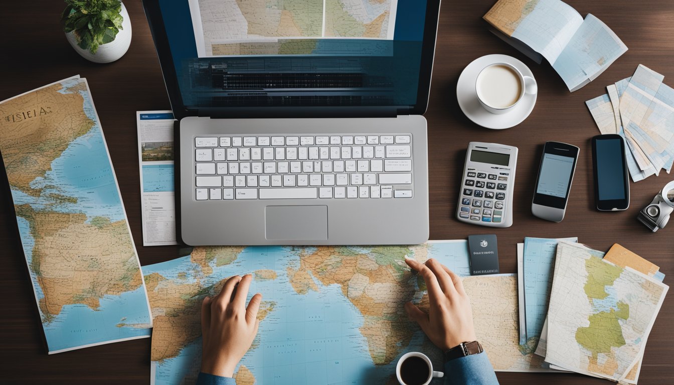 A person sitting at a desk, surrounded by travel brochures and maps, with a laptop open and a calculator on the table. They are carefully comparing different destinations and calculating their travel budget