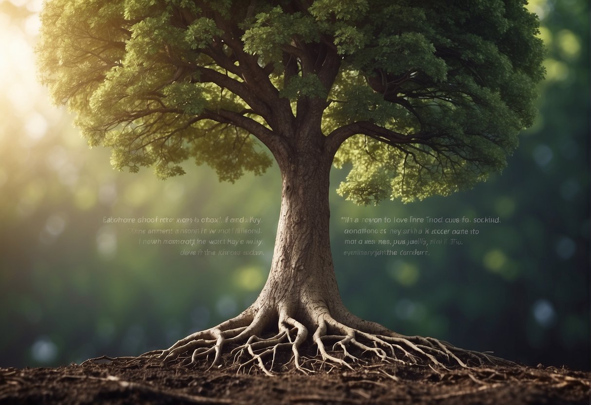 A sturdy tree with roots firmly planted, surrounded by uplifting quotes on growth and confidence