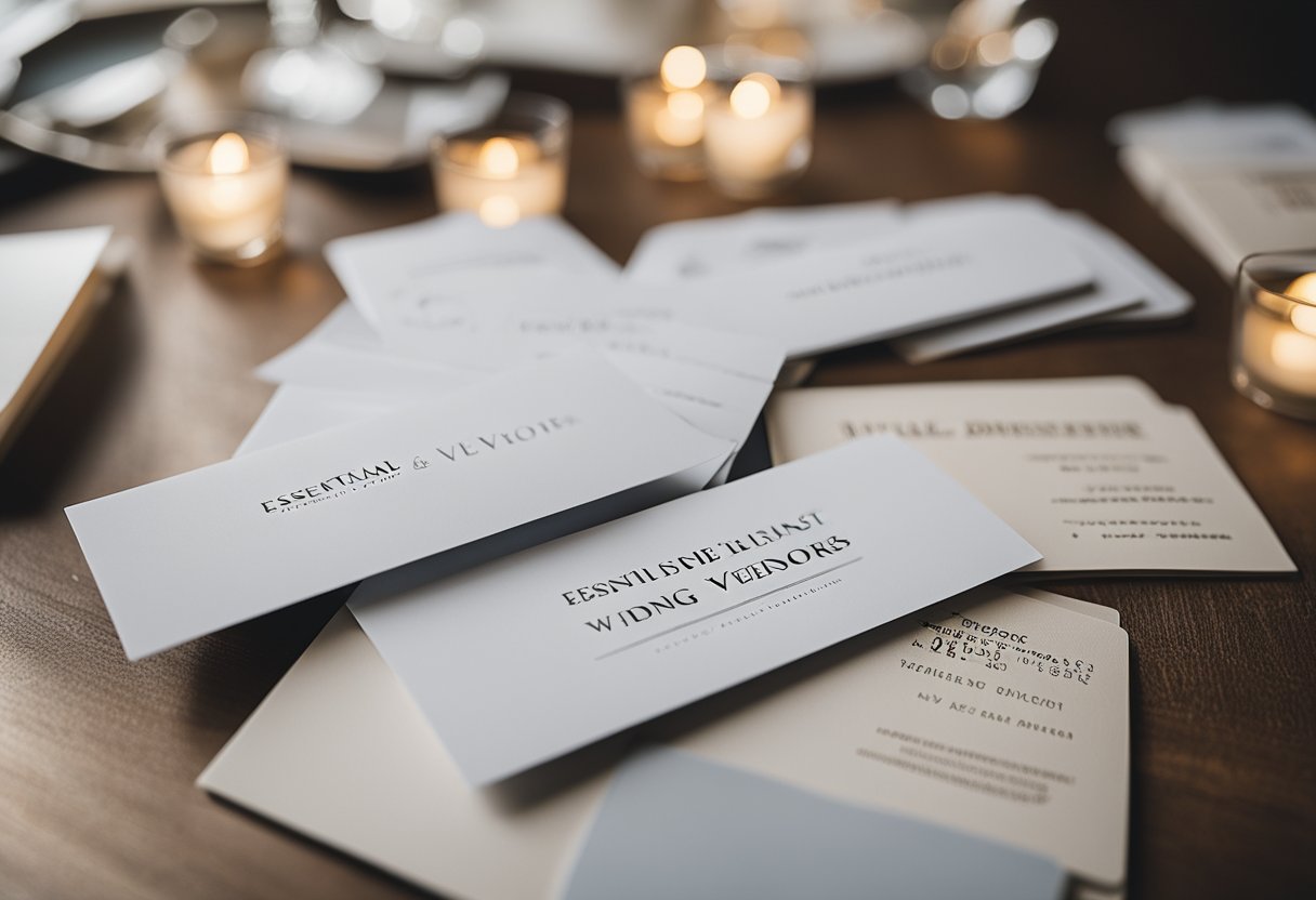 A table with a list of essential questions for wedding vendors, surrounded by a variety of vendor business cards and brochures