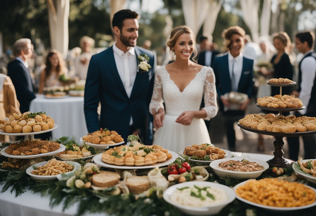 A wedding vendor stands behind a table filled with various food options, while a couple asks essential questions about catering arrangements