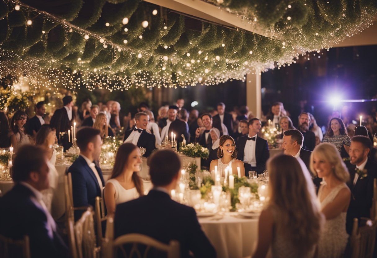 A bustling wedding reception with live music, twinkling lights, and joyful guests mingling in a beautifully decorated venue