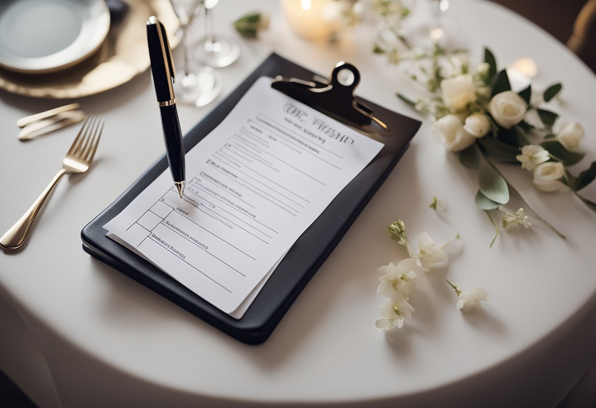A table with a checklist of essential questions for wedding vendors. A pen hovers over the paper, ready to mark off completed tasks