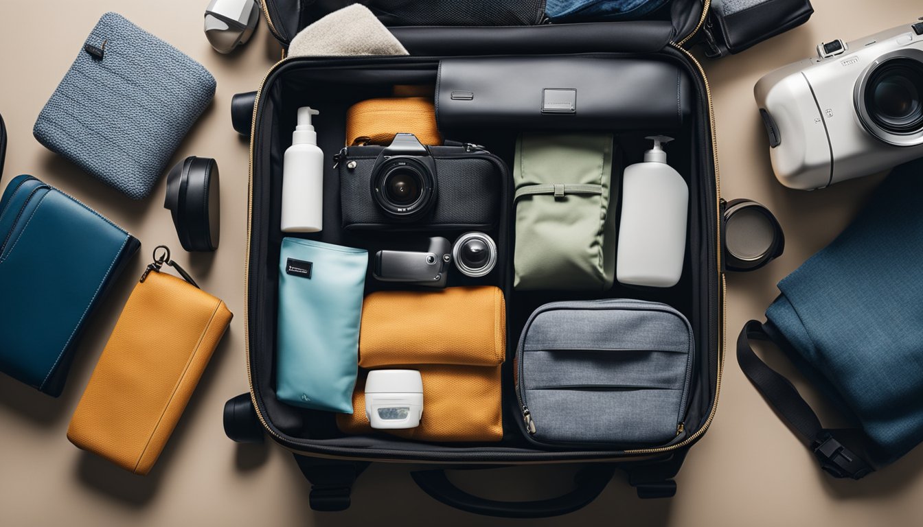 A neatly organized carry-on with rolled clothes, compact toiletries, and efficient use of space for packing in a carry-on for a month-long trip