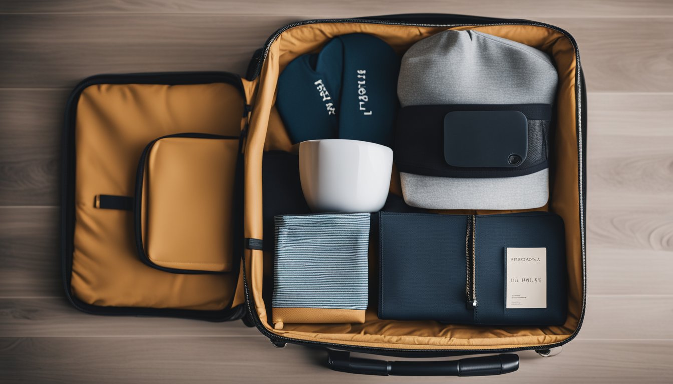 A neatly organized carry-on with rolled clothing, travel-sized toiletries, and a compact packing cube. An open passport and travel itinerary peek out from a side pocket