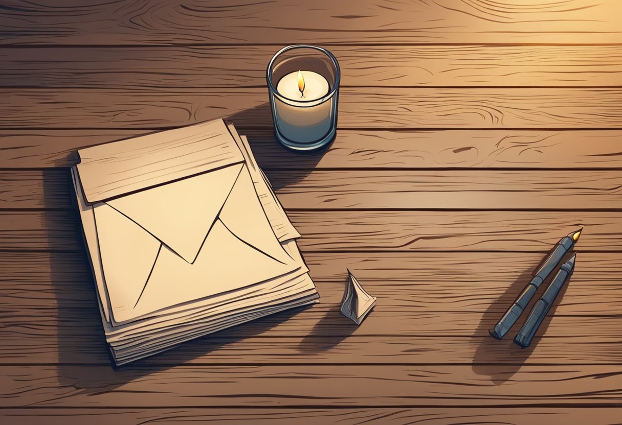 A letter sits on a weathered wooden table, surrounded by flickering candlelight. Soft music plays in the background, casting a warm glow over the room