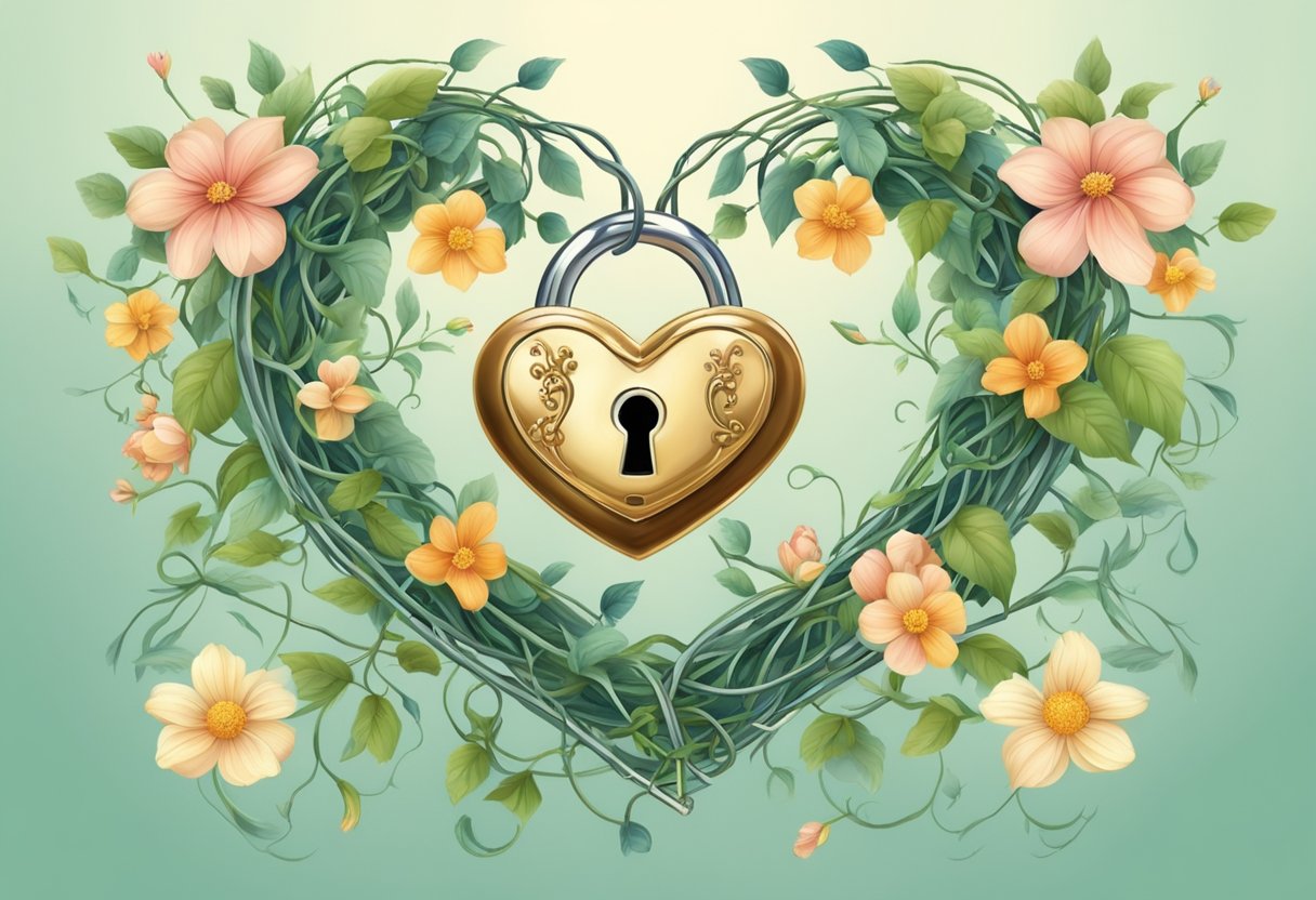 A heart-shaped lock and key, intertwined with delicate vines and flowers, symbolizing the unbreakable bond between two souls