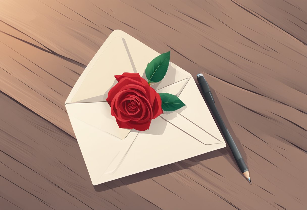 A letter with "Looking Forward to Our Future" written on the envelope, placed on a table with a single red rose next to it