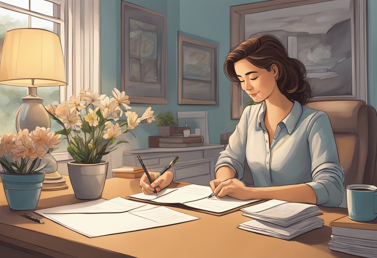 A woman sits at a desk, writing a heartfelt letter to her husband on their anniversary. The room is filled with love and memories as she carefully crafts her words