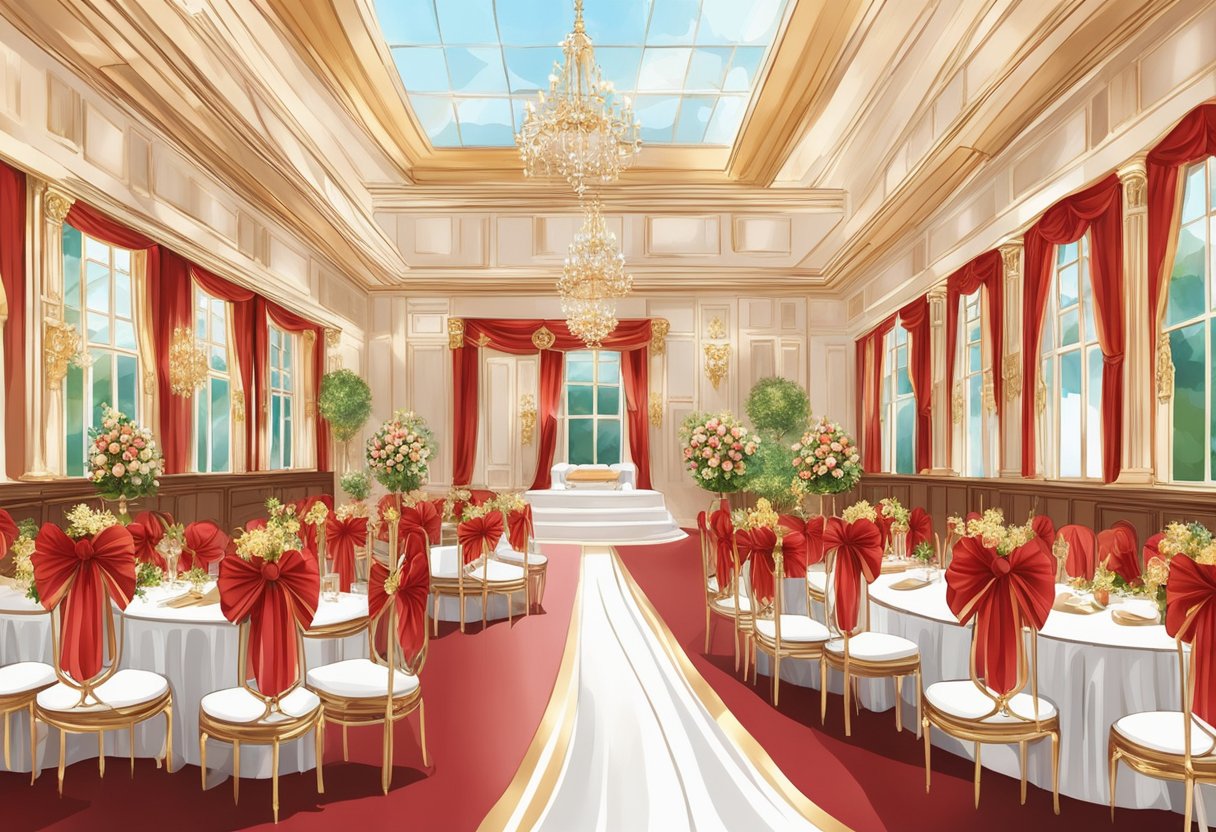 The venue is adorned with red and gold decor, creating a romantic atmosphere for a wedding