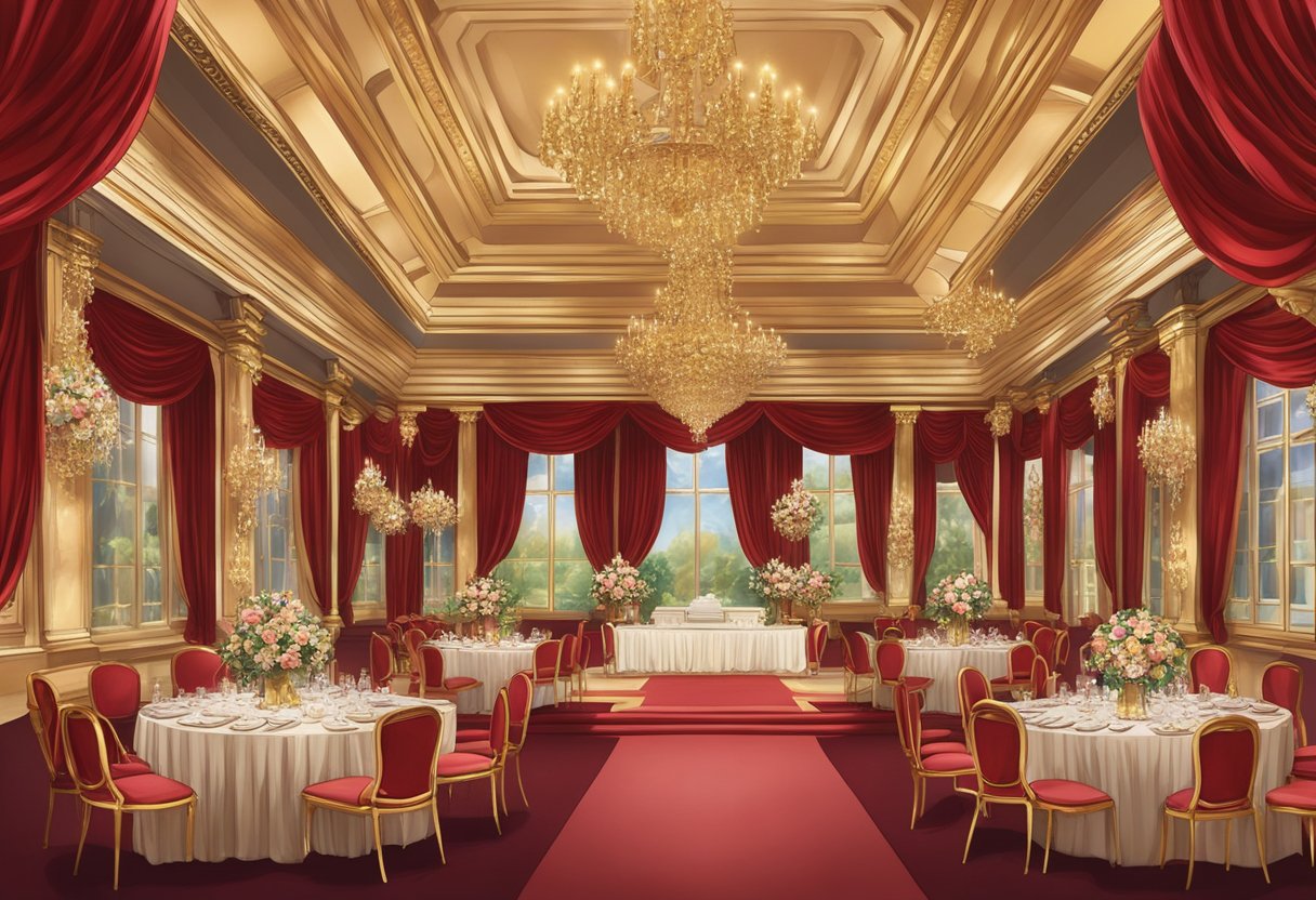 A grand ballroom adorned with crimson and gold drapery, opulent chandeliers, and lavish floral arrangements in deep red and gold hues