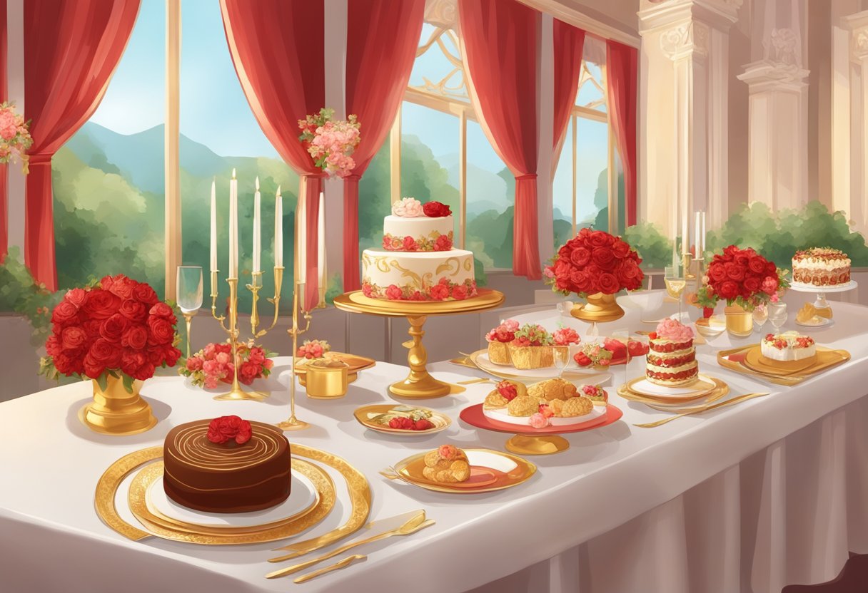 A table set with a romantic red and gold wedding theme, adorned with floral arrangements, a decadent cake, and an array of delicious food