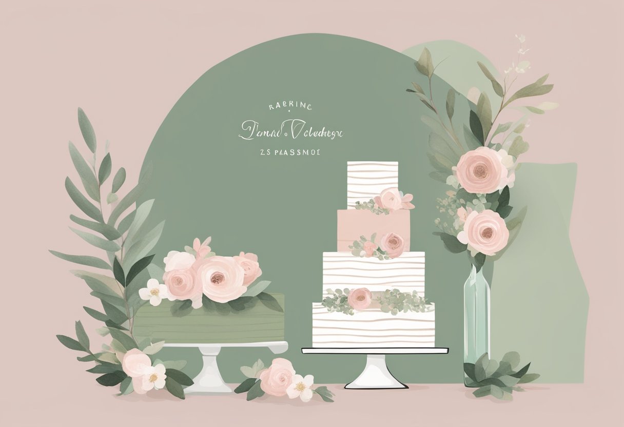 Dusty rose and sage green wedding stationery next to a tiered wedding cake