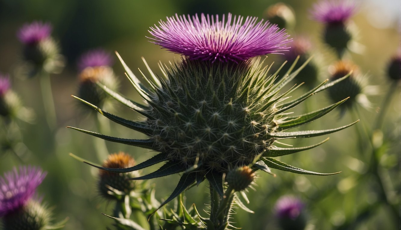 A vibrant green milk thistle plant stands tall, with spiky leaves and a cluster of purple flowers at the top. Bees buzz around, collecting nectar from the flowers