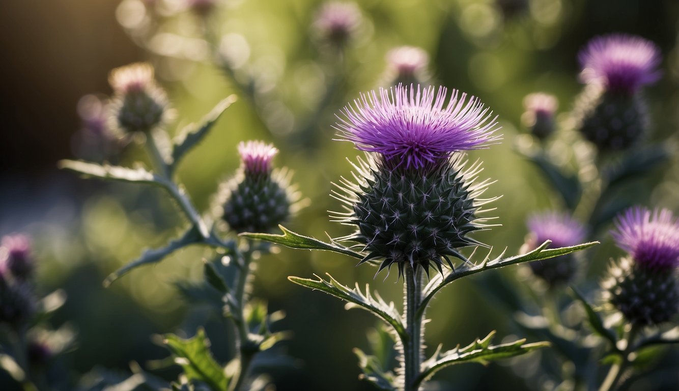 A vibrant milk thistle plant stands tall, with its spiky leaves and purple flowers, symbolizing its benefits for metabolic health