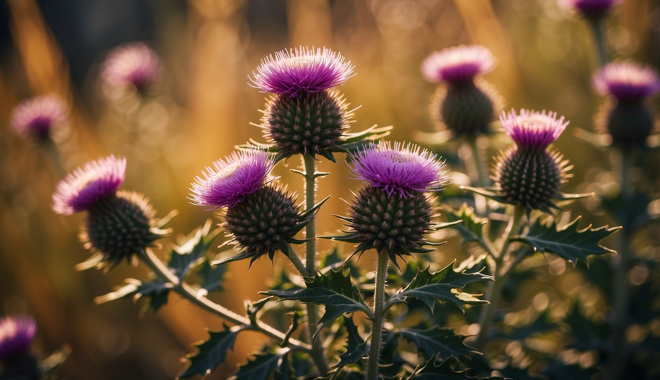 Milk thistle plant with vibrant purple flowers and prickly leaves, surrounded by a warm, golden glow