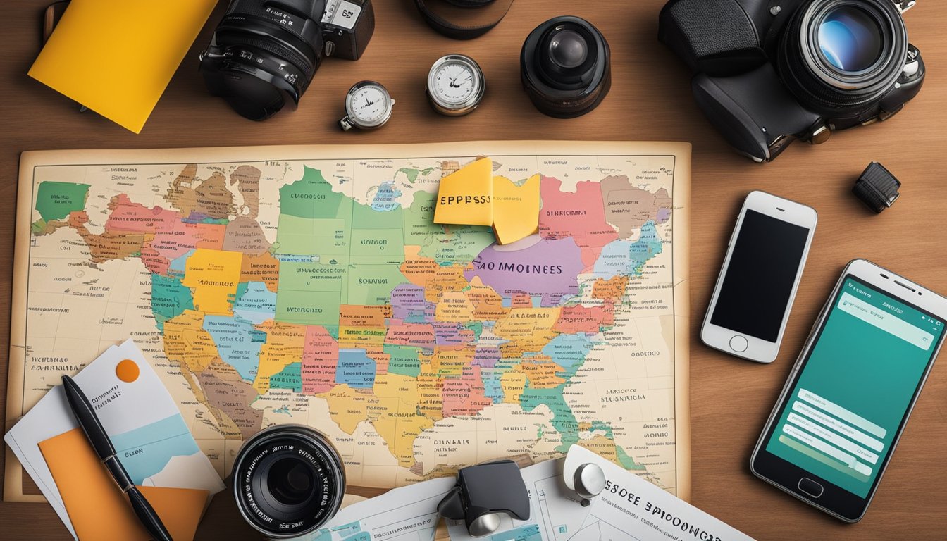 A colorful map with labeled expenses (flights, accommodations, food) and a budget breakdown chart, surrounded by travel essentials like a passport, camera, and sunscreen