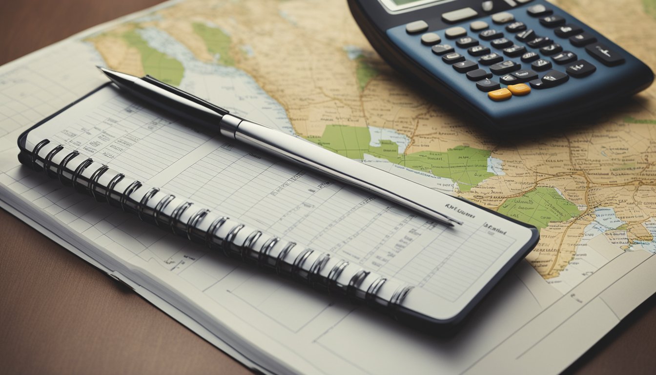 A map, calculator, and notebook lay on a table. A pen hovers over the notebook, ready to jot down a budget for travel