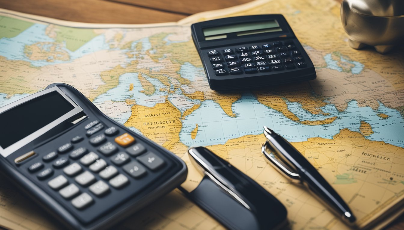 A map, calculator, and wallet on a table. A hand writing a budget plan. A piggy bank and travel guidebook nearby for a post budget for travel review