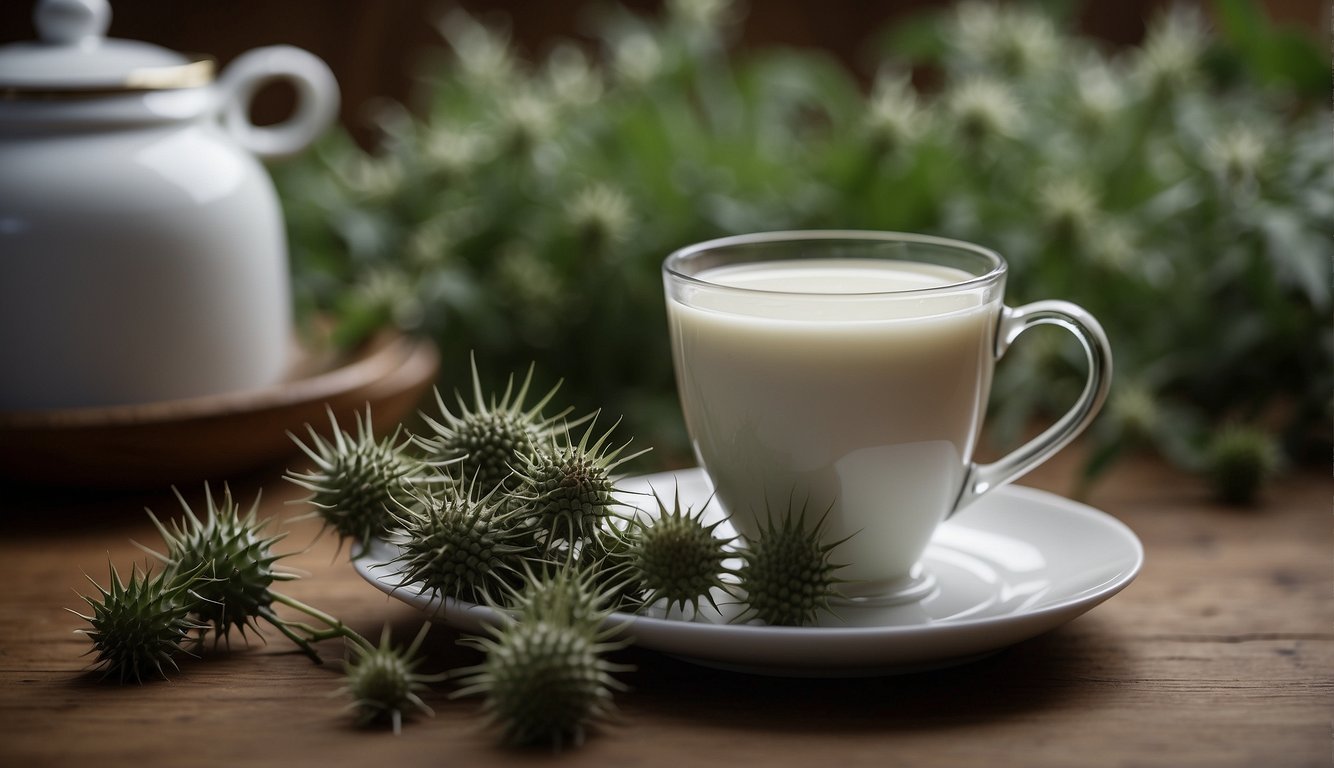 A bottle of milk thistle extract stands next to a pile of fresh milk thistle leaves. A person holds a cup of tea made from milk thistle, looking relaxed and healthy