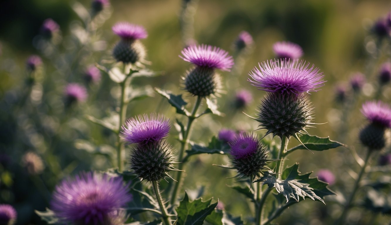 A milk thistle plant stands tall in a traditional medicine garden, its vibrant purple flowers and spiky leaves reaching towards the sky