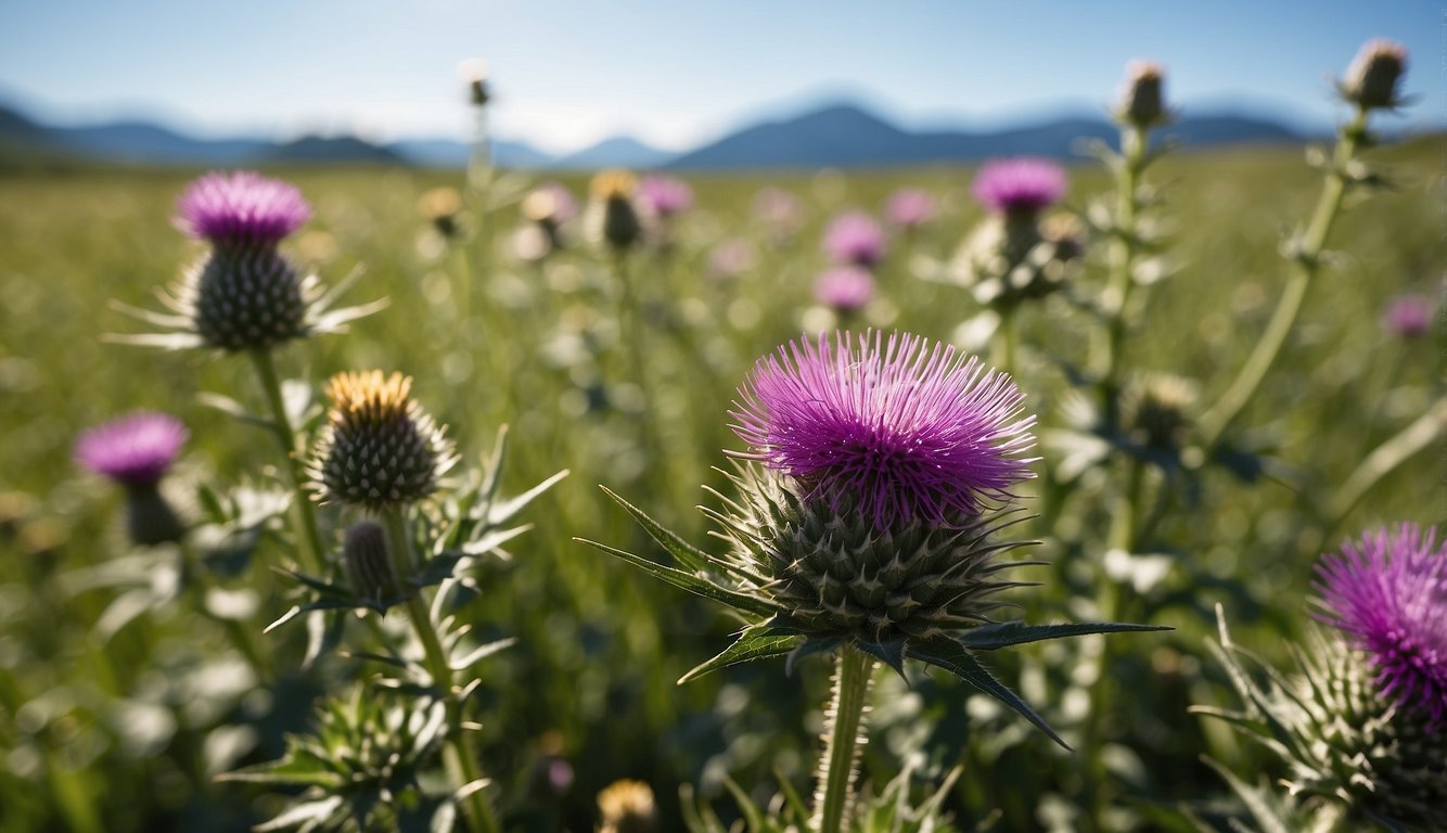 Milk thistle plant in a lush field, with bright sunlight and a clear blue sky