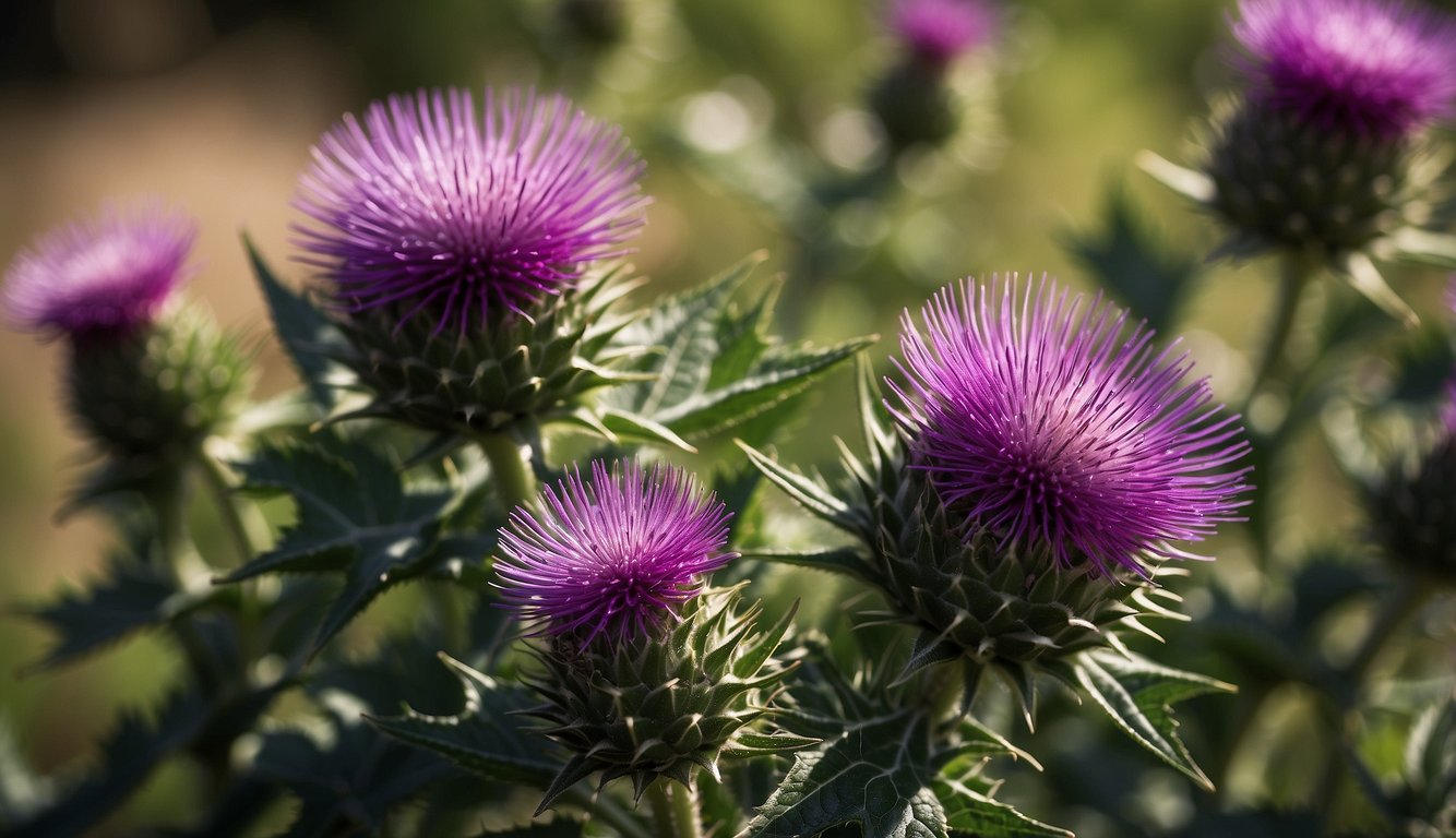 Milk thistle plant with vibrant purple flowers and green leaves, surrounded by text "Frequently Asked Questions: milk thistle benefits"