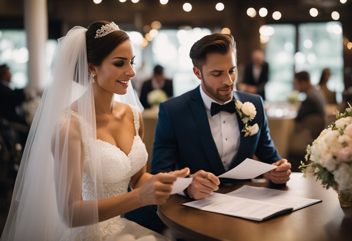 A bride and groom review a list of wedding expenses, surprised by hidden costs. Vendors withhold information. They create a budget plan