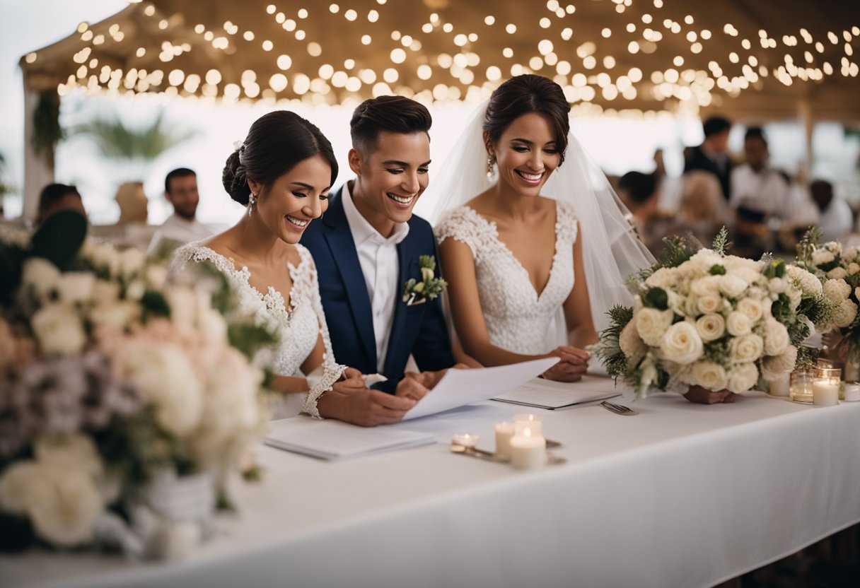 A bride and groom sit at a table surrounded by various wedding vendors, each holding a contract. The vendors are smiling, while the couple looks stressed and overwhelmed as they try to budget for hidden costs
