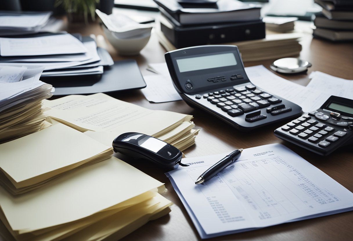 A cluttered desk with scattered invoices and contracts, a calculator, and a stressed-out wedding planner on the phone with a vendor