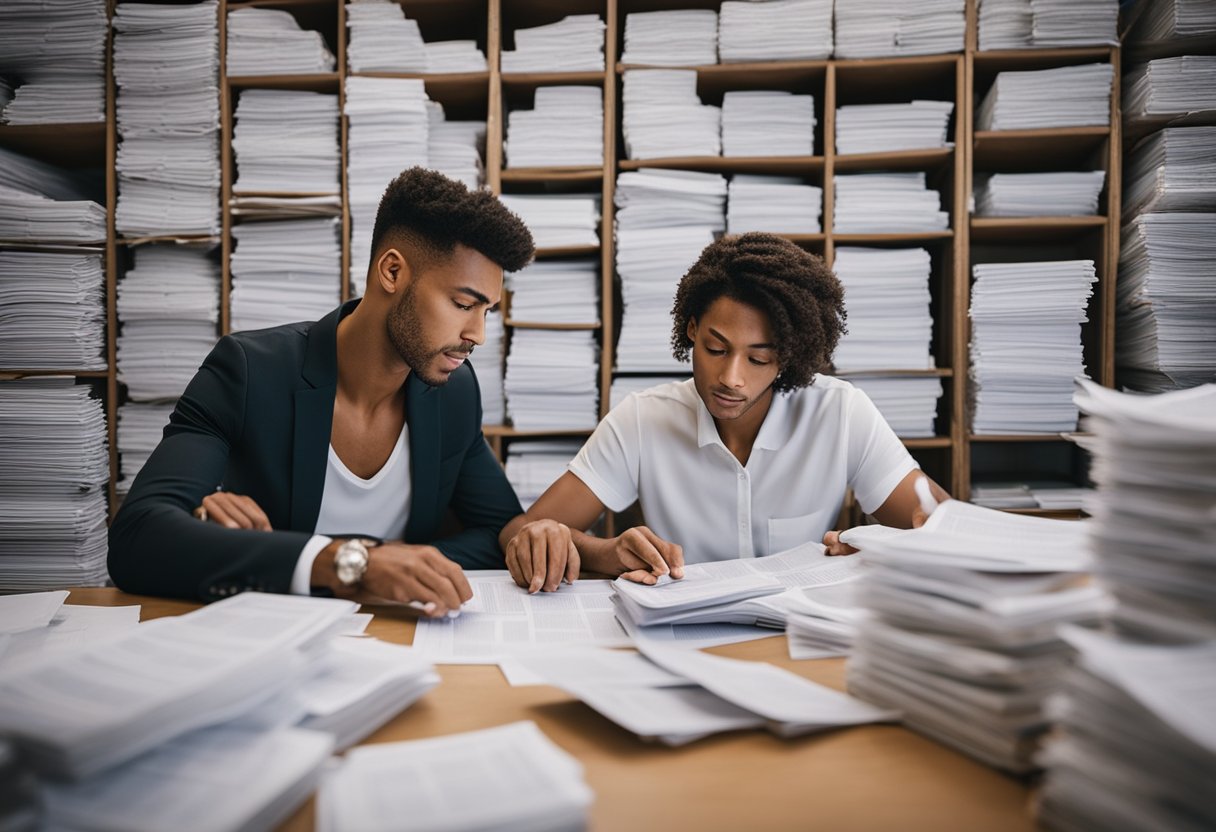 A couple sits at a table covered in spreadsheets and receipts, surrounded by stacks of wedding magazines and vendor contracts. They look stressed as they try to finalize their budget, uncovering hidden costs