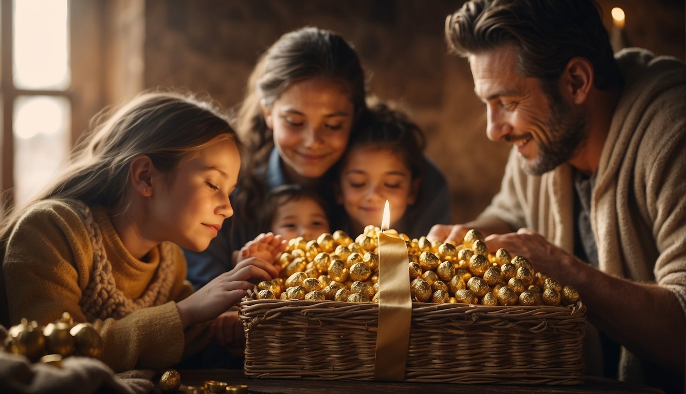 A group of travelers presents gifts of gold, frankincense, and myrrh to a newborn child in a humble stable