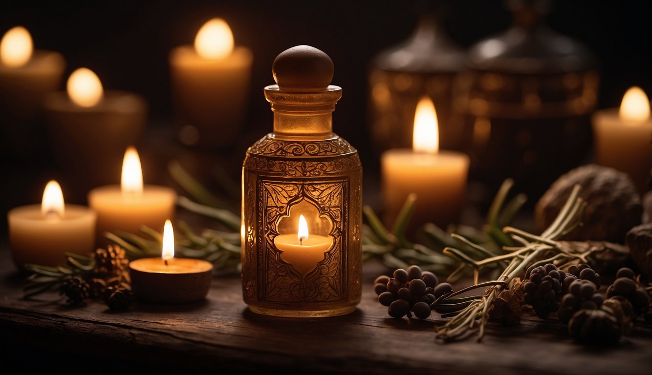 A small bottle of biblical myrrh sits on a decorative altar, surrounded by incense and candles. The warm glow of the candles illuminates the rich, earthy scent of the myrrh